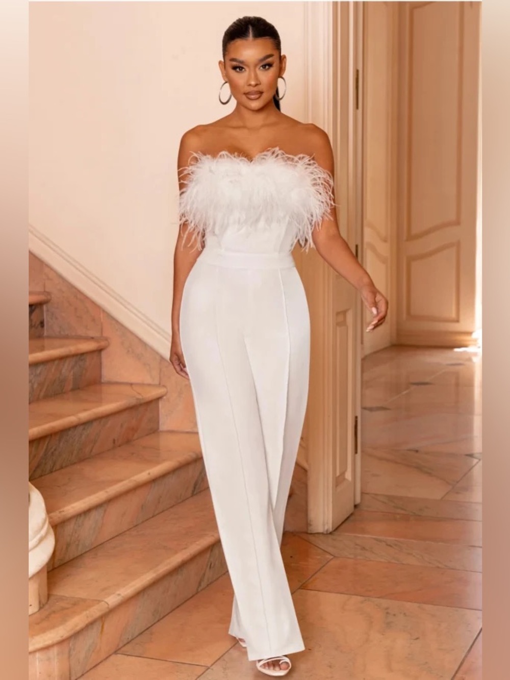 Club L London - White Feathers Trim Strapless Jumpsuit